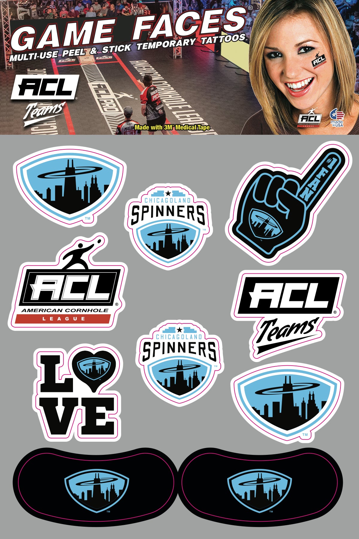Chicagoland Spinners - Waterless Peel & Stick Temporary Tattoos - 10 Pack