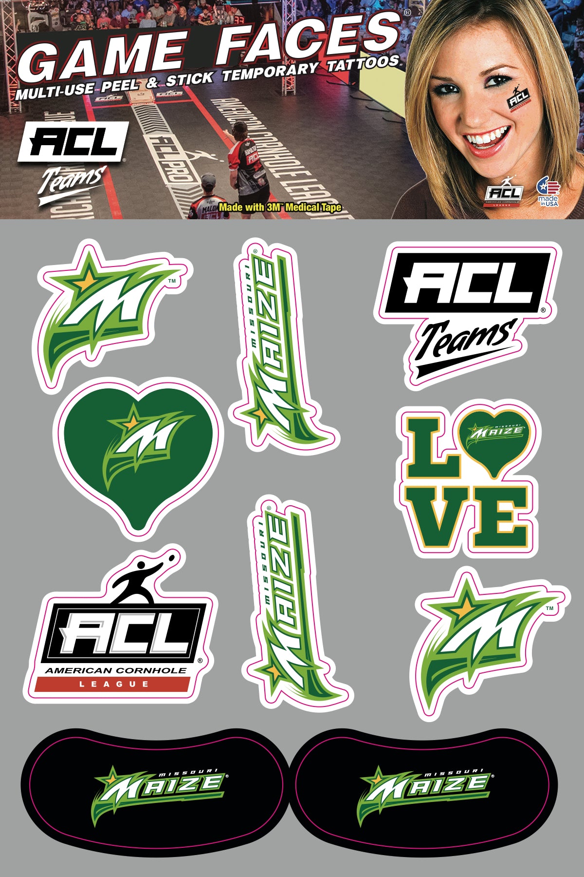 Missouri Maize - Waterless Peel & Stick Temporary Tattoos - 10 Pack