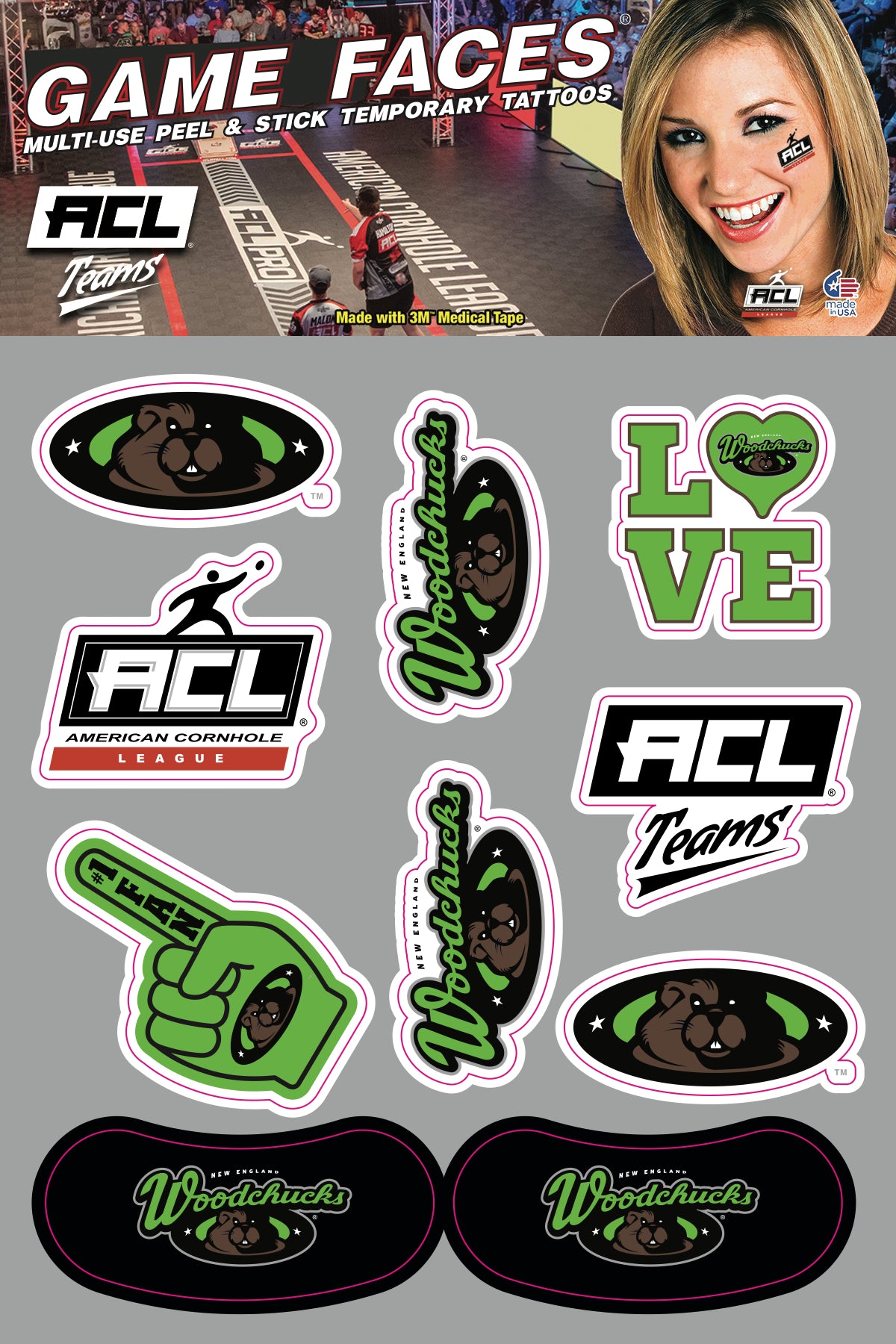 New England Woodchucks - Waterless Peel & Stick Temporary Tattoos - 10 Pack