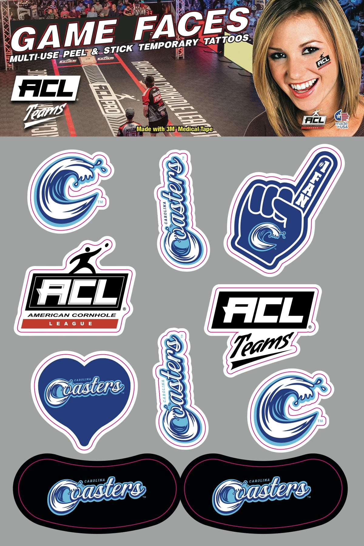 Carolina Coasters - Waterless Peel & Stick Temporary Tattoos  - 10 Pack